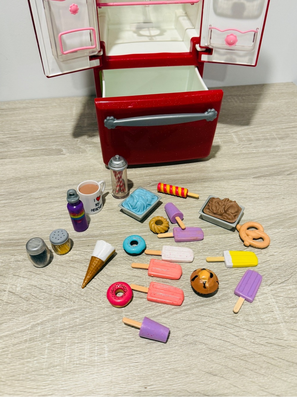 Our Generation Red Sparkle Doll Refrigerator French Door Fridge + Play Food Lot - Picture 5 of 10